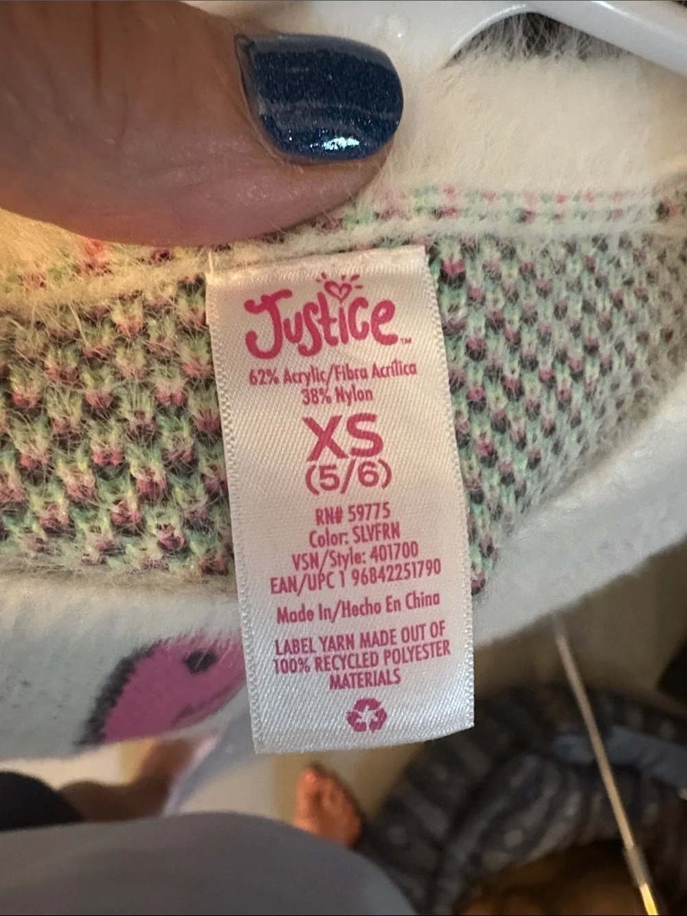 Justice White Fuzzy Sweater with Pink, Mint and Lime Smiley Faces